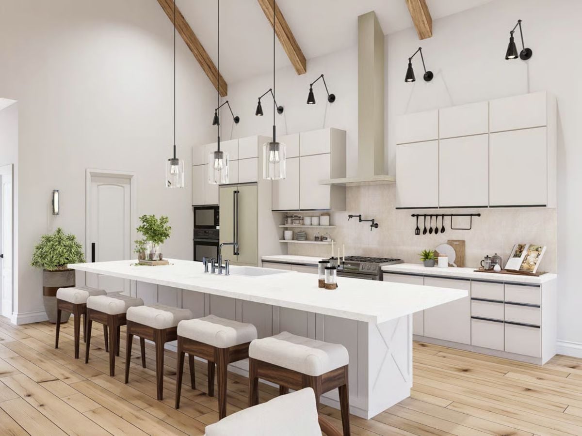 Vaulted Beams and Pendant Lights Crown a Farmhouse Kitchen Built for Gathering