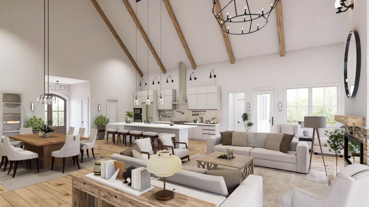 Vaulted Beams and an Open Layout Give This Farmhouse Living Space Room to Breathe