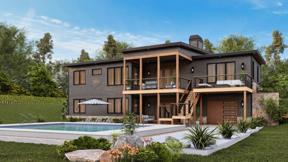 Dark Siding Meets Warm Wood on a Modern Two-Story Rear Exterior