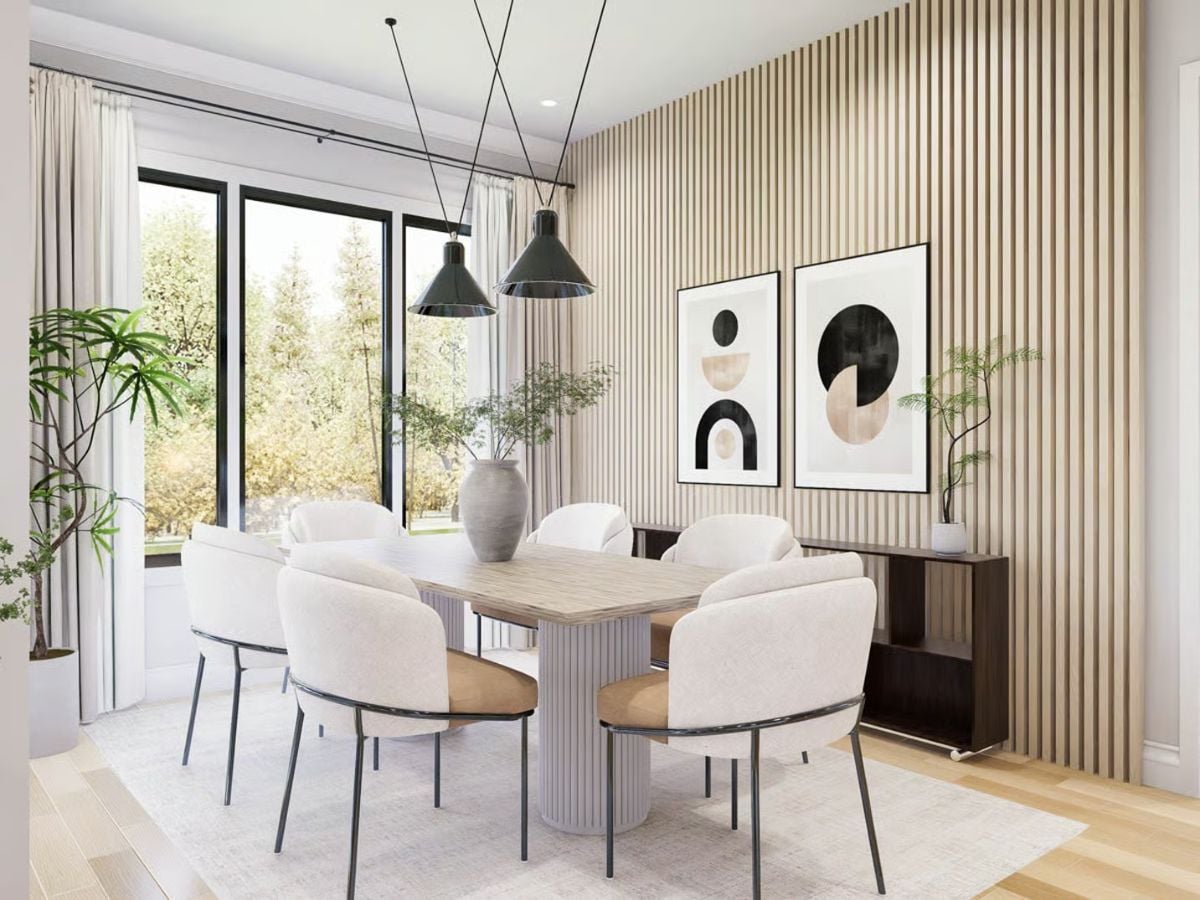 Pendant Lights and Fluted Columns Anchor a Modern Dining Room