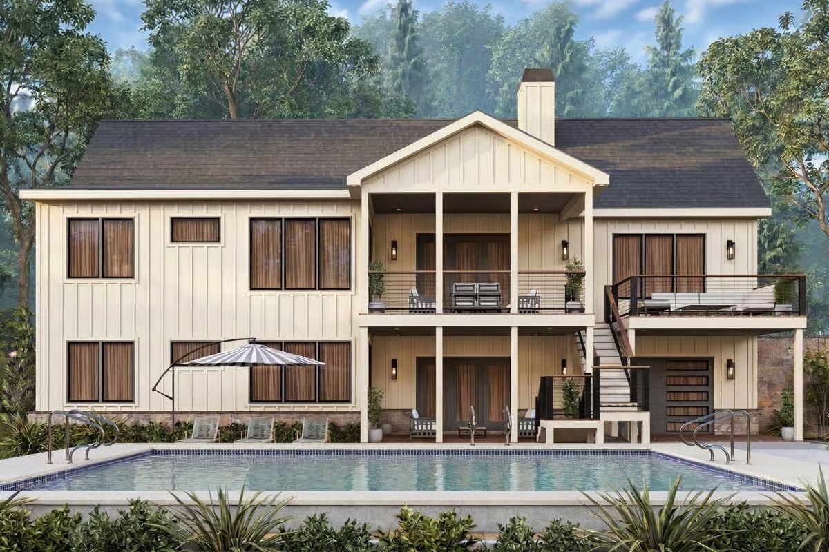 Rear Elevation Brings Together Covered Porches, Pool, and Wooded Privacy