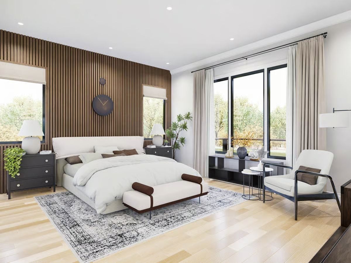 Slatted Accent Wall and Pale Oak Floors Ground a Bedroom Built for Rest