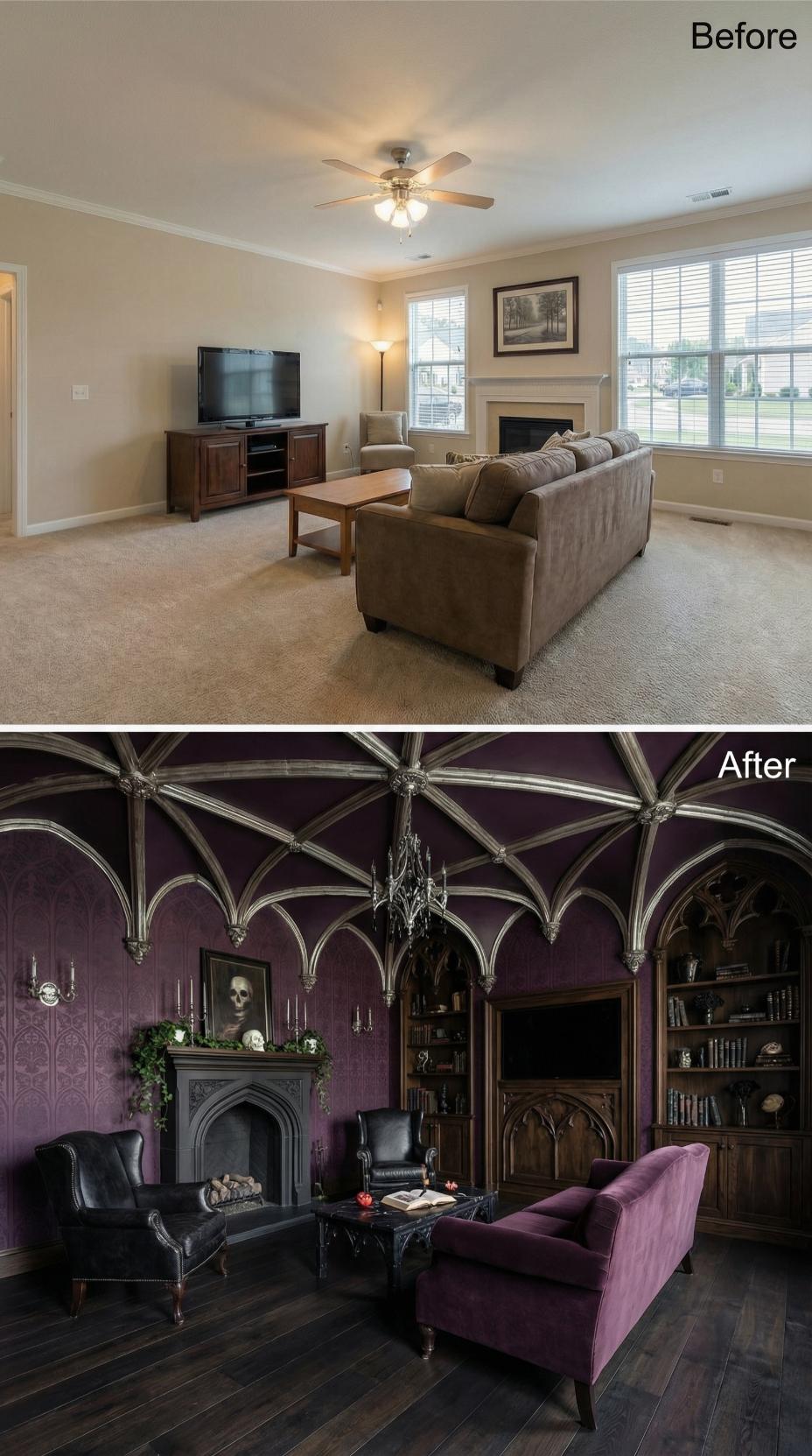 Ribbed Vault Ceiling and Deep Plum Walls Bury a Builder Box Under Cathedral Gothic