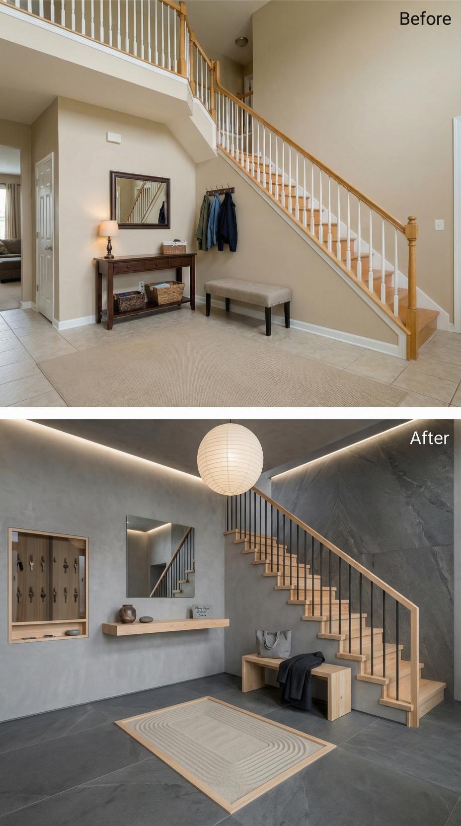 Slate Plaster, Bare Oak Treads, and a Paper Globe Replace Spindles and Builder Beige