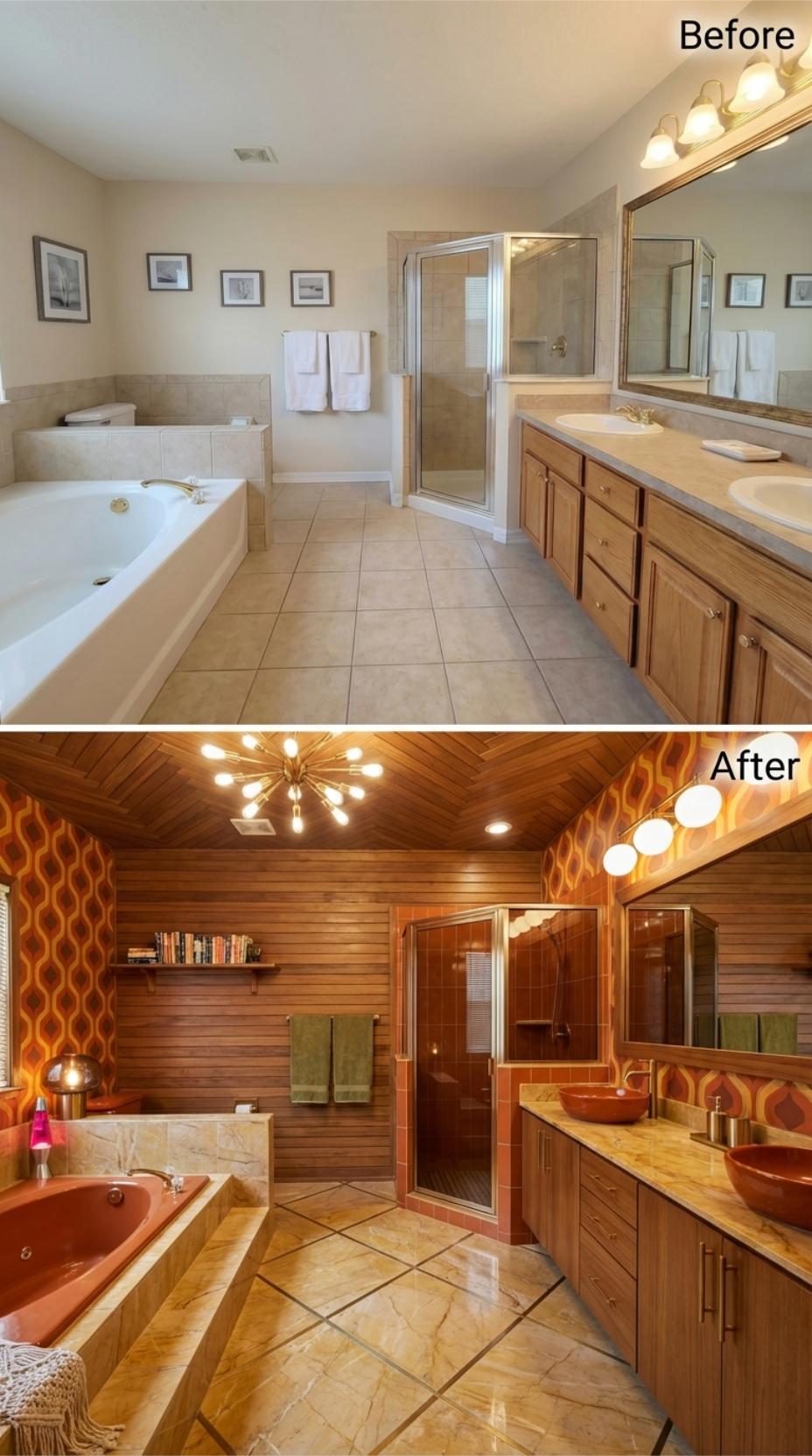 Sputnik Chandelier, Wood-Plank Ceiling, and a Lava Lamp That Finished the 70s Revival