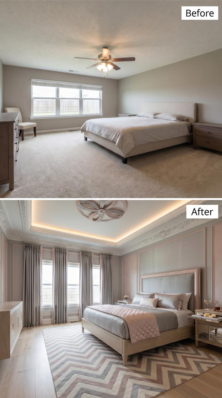 Ornate Crown Molding and a Cove-Lit Tray Ceiling Replace Carpet and Ceiling Fan with Blush Glamour