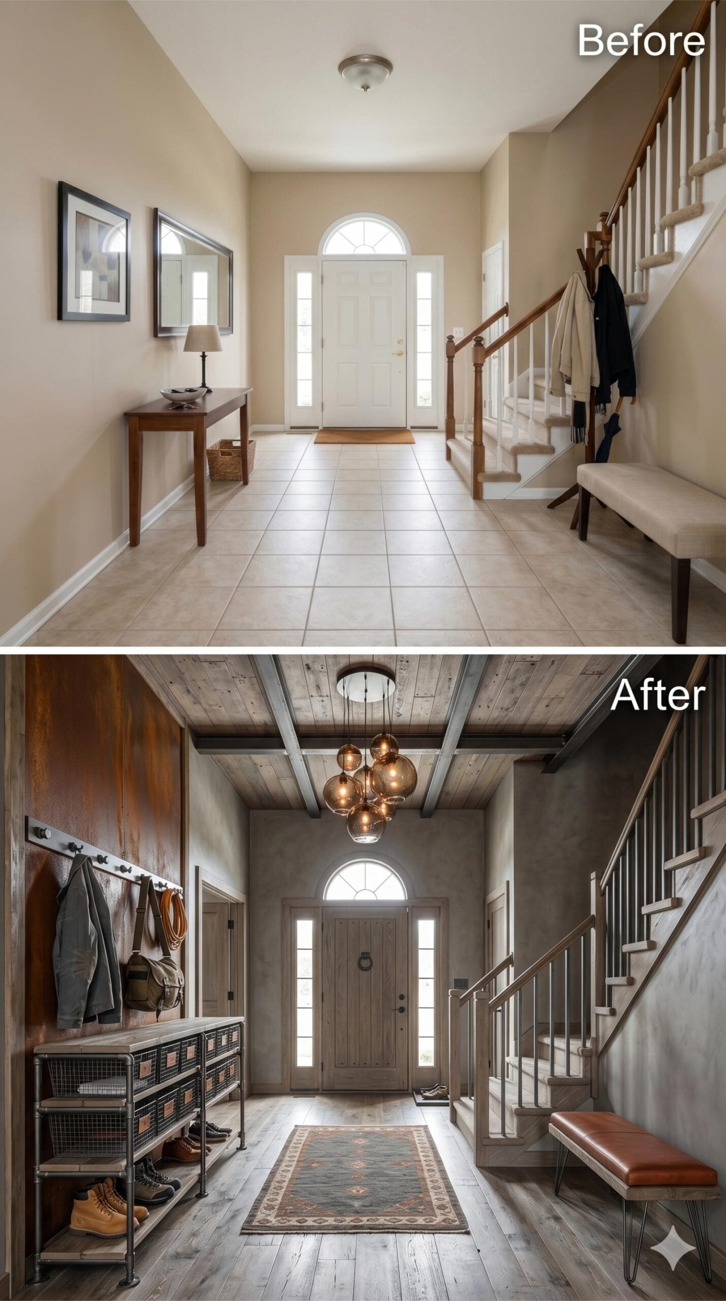 Reclaimed Wood Ceiling, Wire Basket Shelving, and a Globe Pendant Cluster Give a Foyer Real Grit