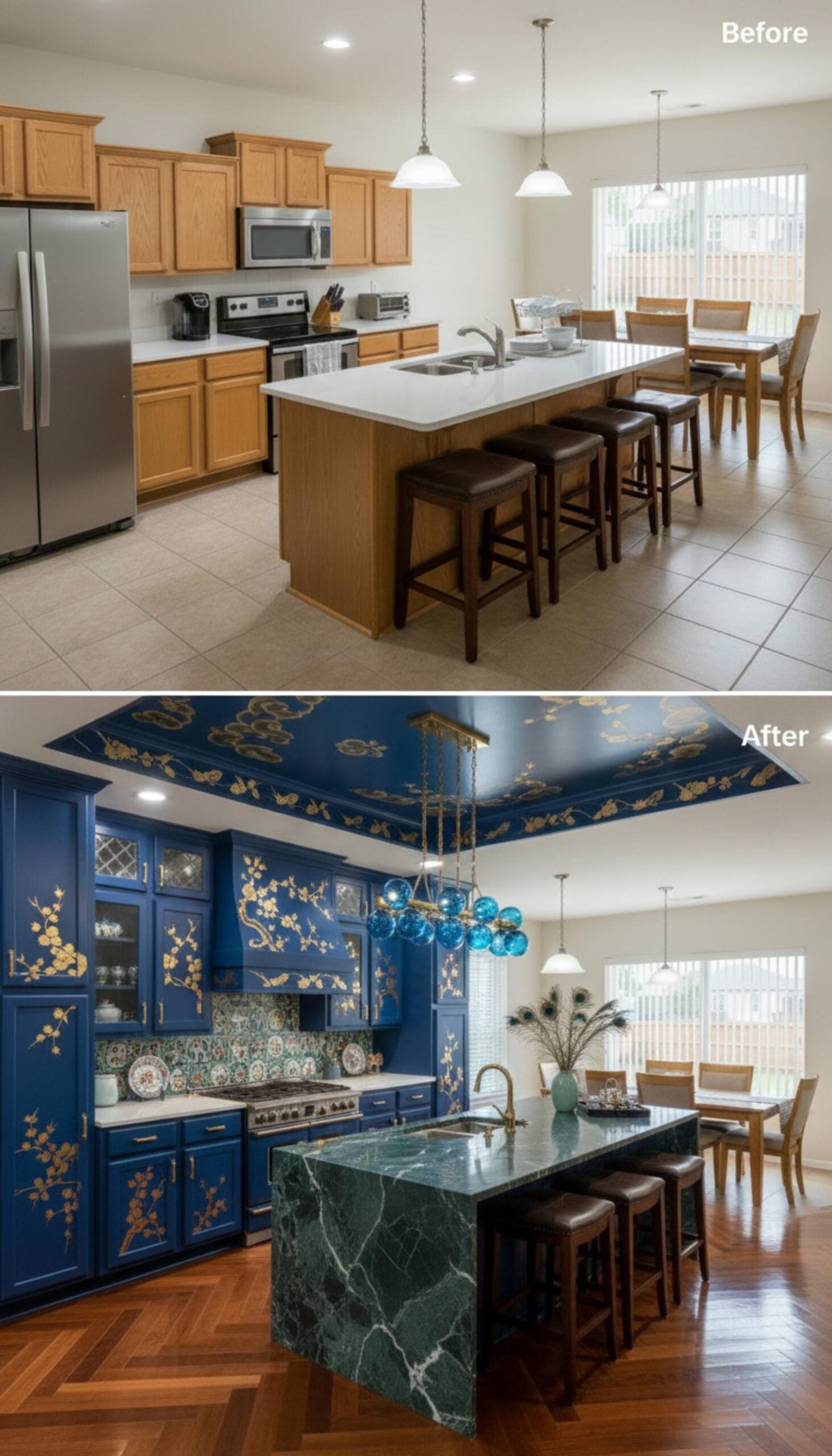 Blue Lacquer Cabinets, Gold Chinoiserie Painting, and Green Marble Waterfall Island Shift the Register Entirely