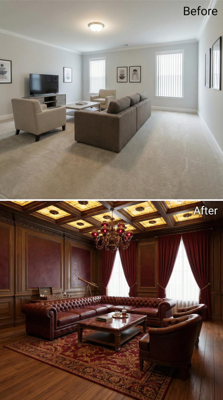 Coffered Stained Glass Ceilings and Burgundy Leather Ended the Drywall Chapter