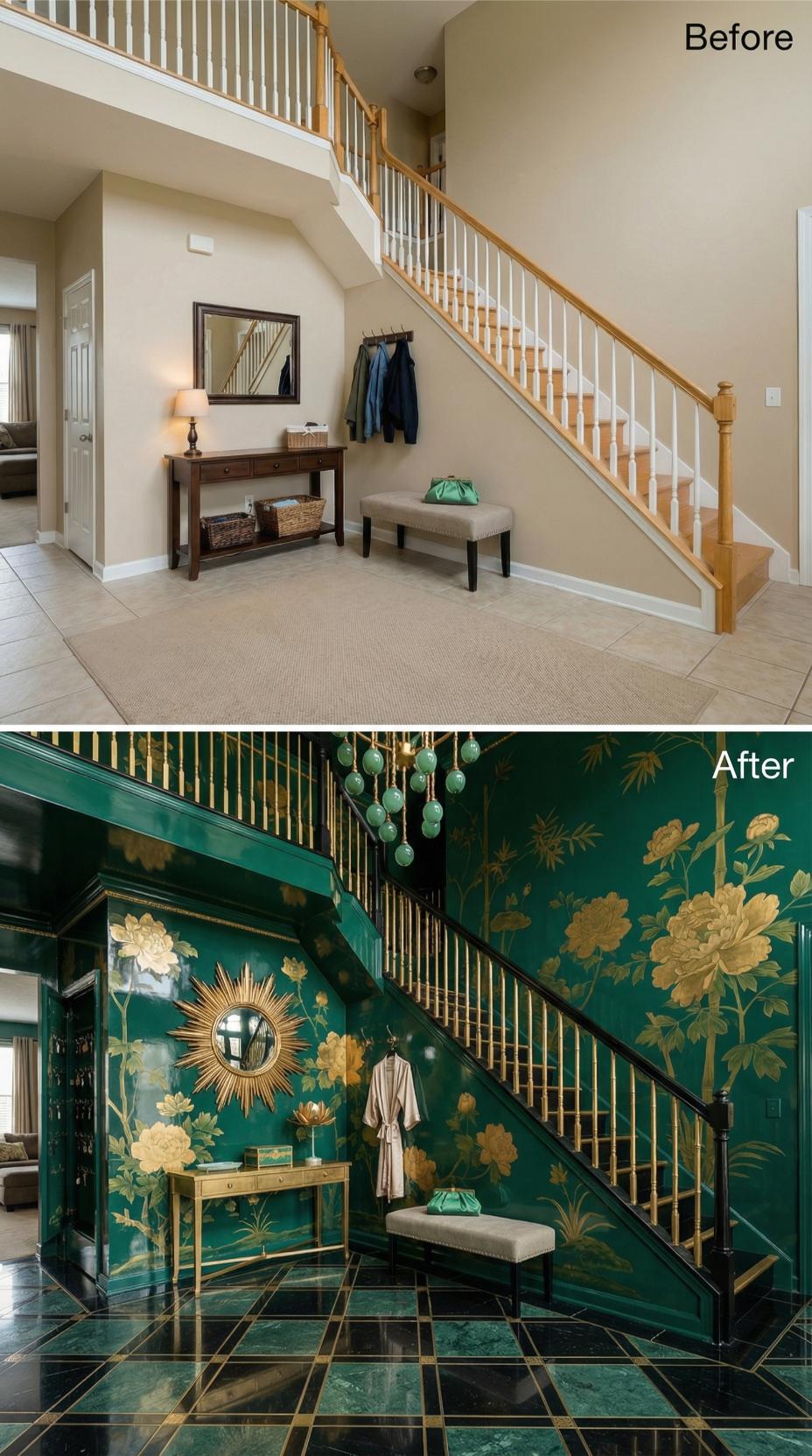 Emerald Chinoiserie and Gold Balusters Bury Beige Beneath Lacquer and Peony