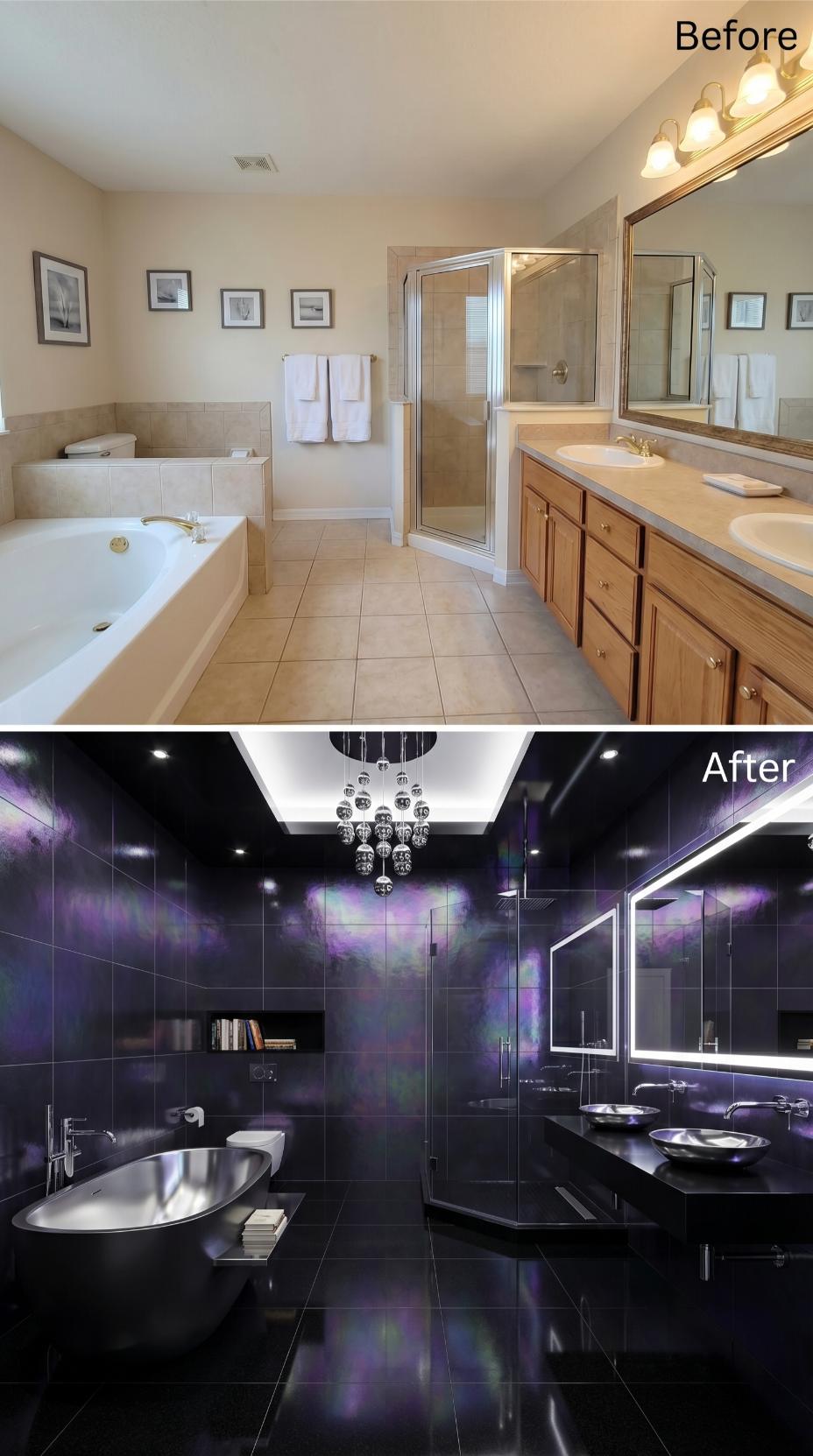 Black Tile, Iridescent Wall Finish, and a Globe Chandelier That Buried the Beige