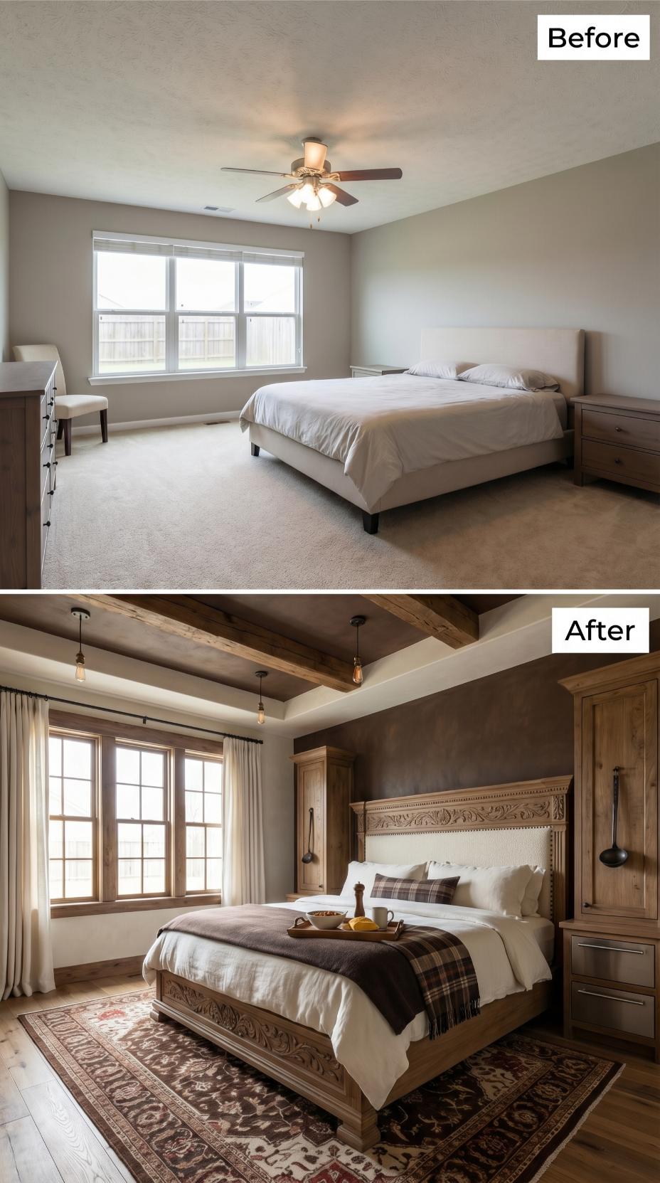 Exposed Beam Tray Ceiling and Carved Oak Bed Trade Carpet and Fan for Farmhouse Warmth