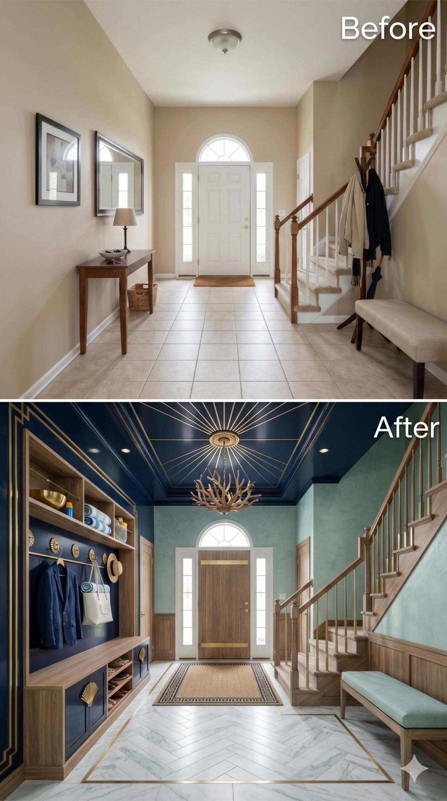 Navy Ceiling with Gold Sunburst Molding and Coral Chandelier Make Storage Feel Like Architecture