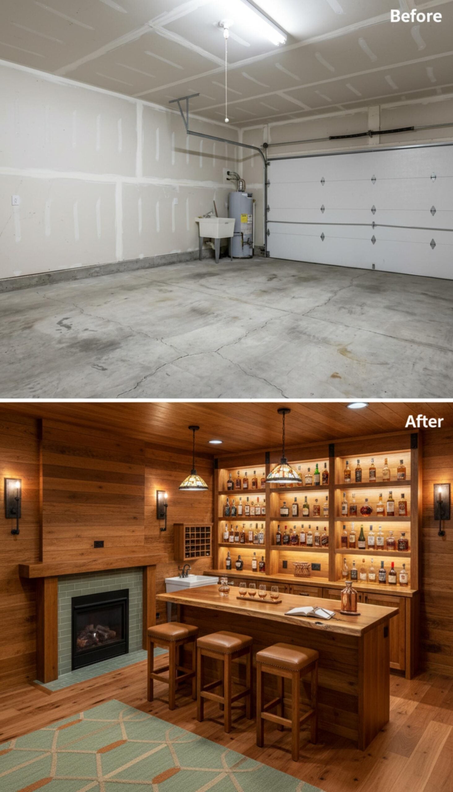 Backlit Whiskey Shelves, a Live-Edge Bar, and Shiplap Walls Close Out This Garage Conversion List