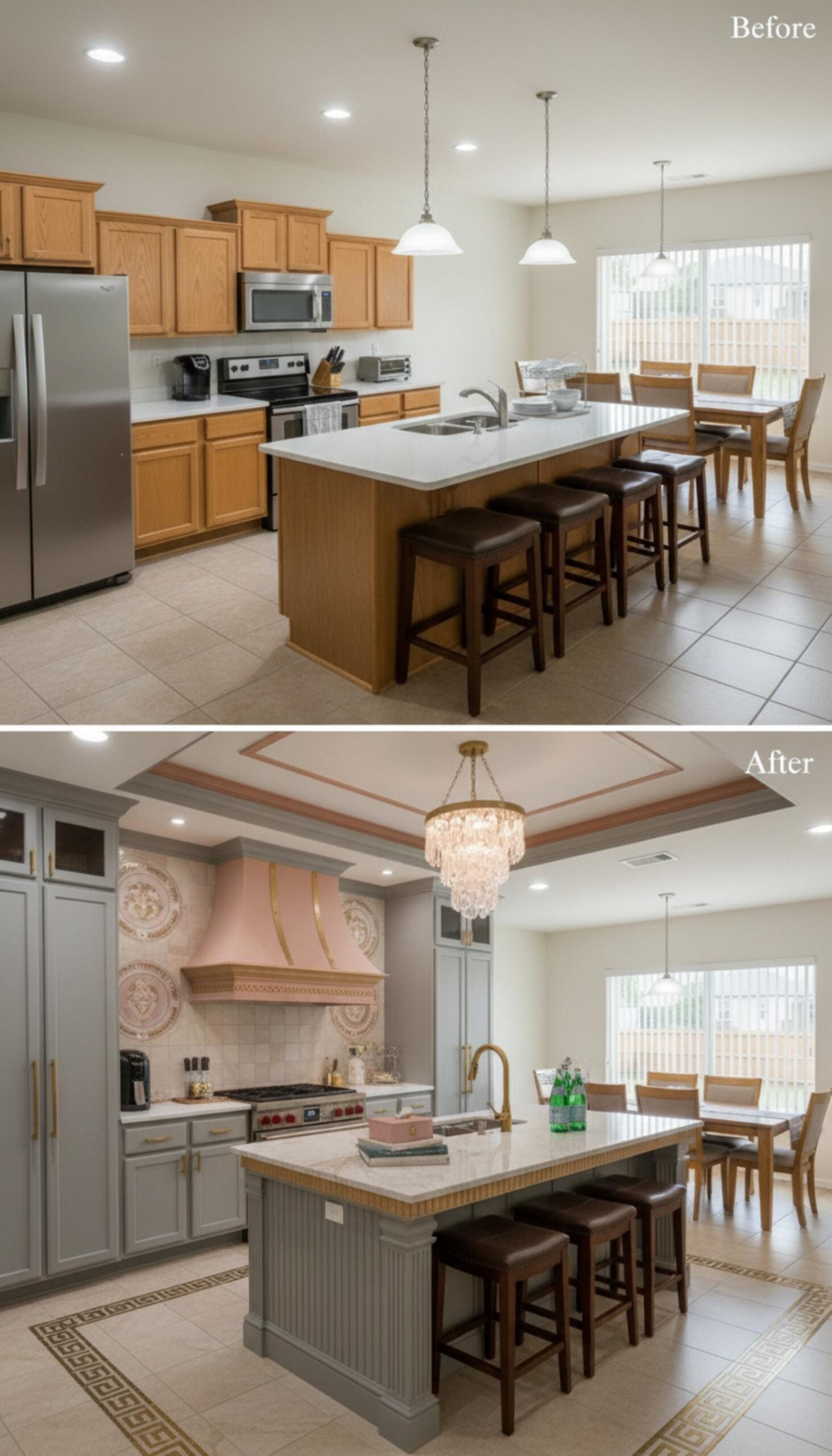 Pink Range Hood, Crystal Chandelier, and Greek Key Floor Inlay Rewrite Kitchen Status