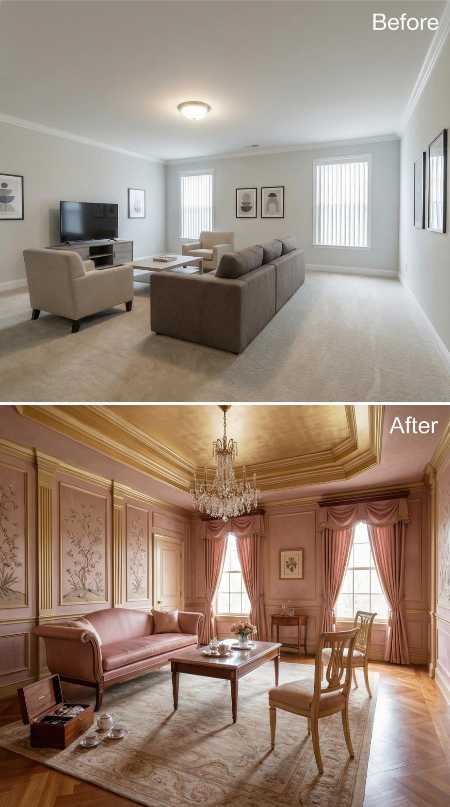 Gold Crown Molding and Blush Silk Curtains Retired the Vertical Blinds Permanently