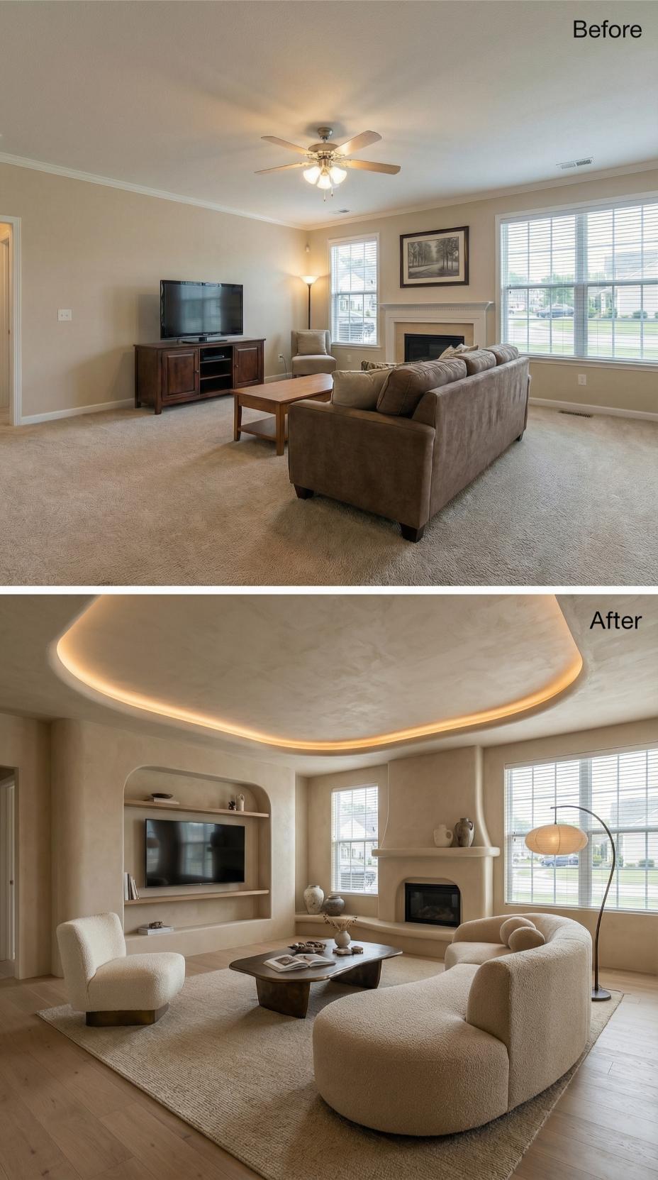 Curved Tray Ceiling With Cove Lighting Replaces a Builder Fan and Beige Carpet