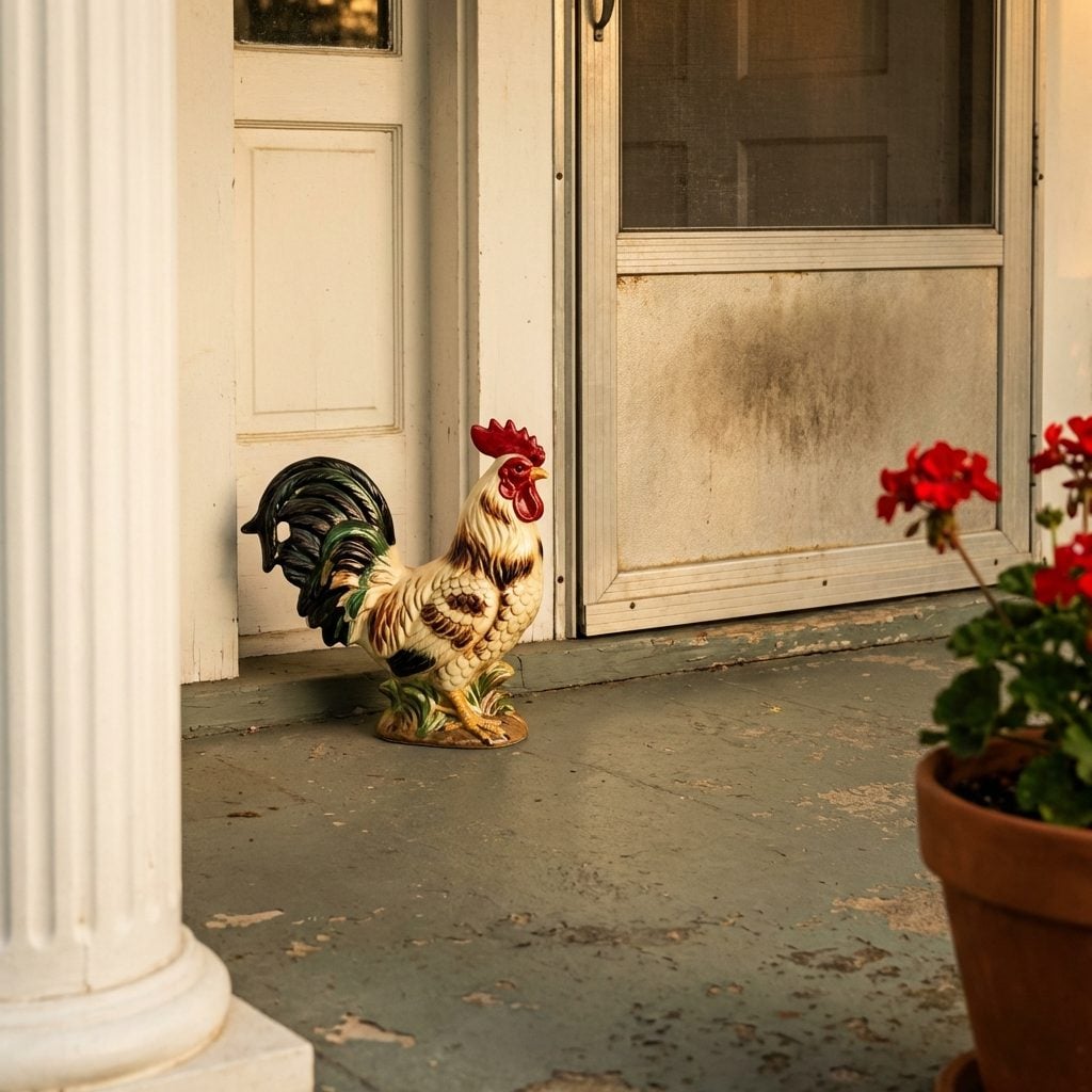 The Ceramic Rooster or Dog Figurine Guarding the Porch Near the Front Door
