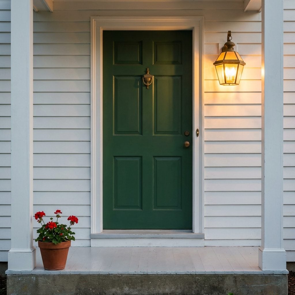 The Brass Coach Lantern Mounted Beside the Front Door
