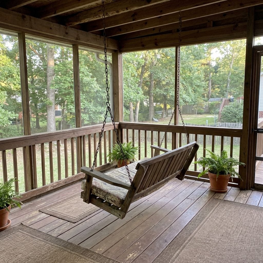 The Wooden Porch Swing Hung on Chains From the Ceiling Joists