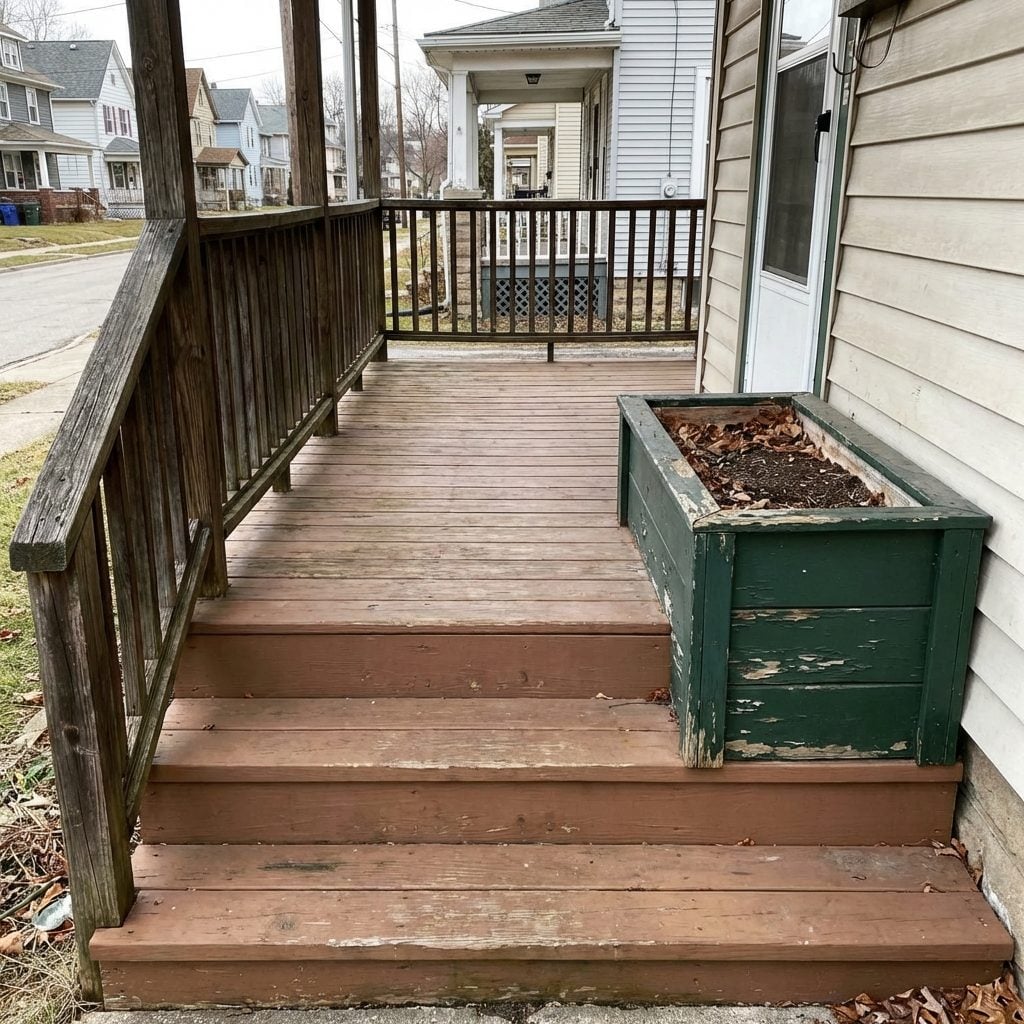 The Painted Wooden Barrel or Planter Box Flanking the Top Step