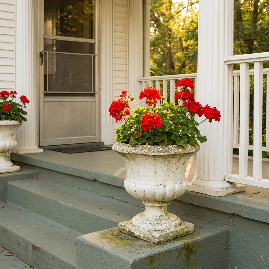 The Concrete Urn Planter With the Red Geraniums That Never, Ever Died