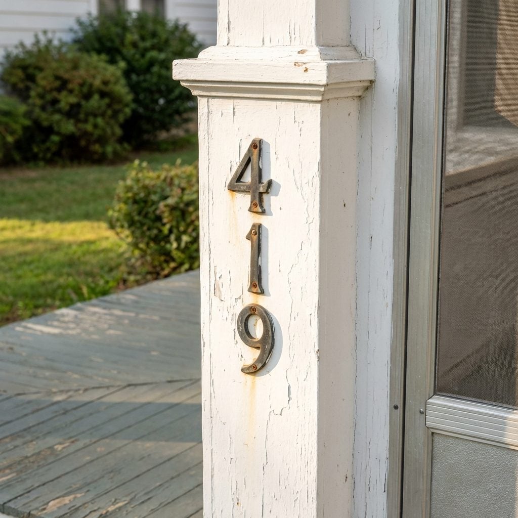 The Metal House Numbers Nailed Directly Into the Porch Column