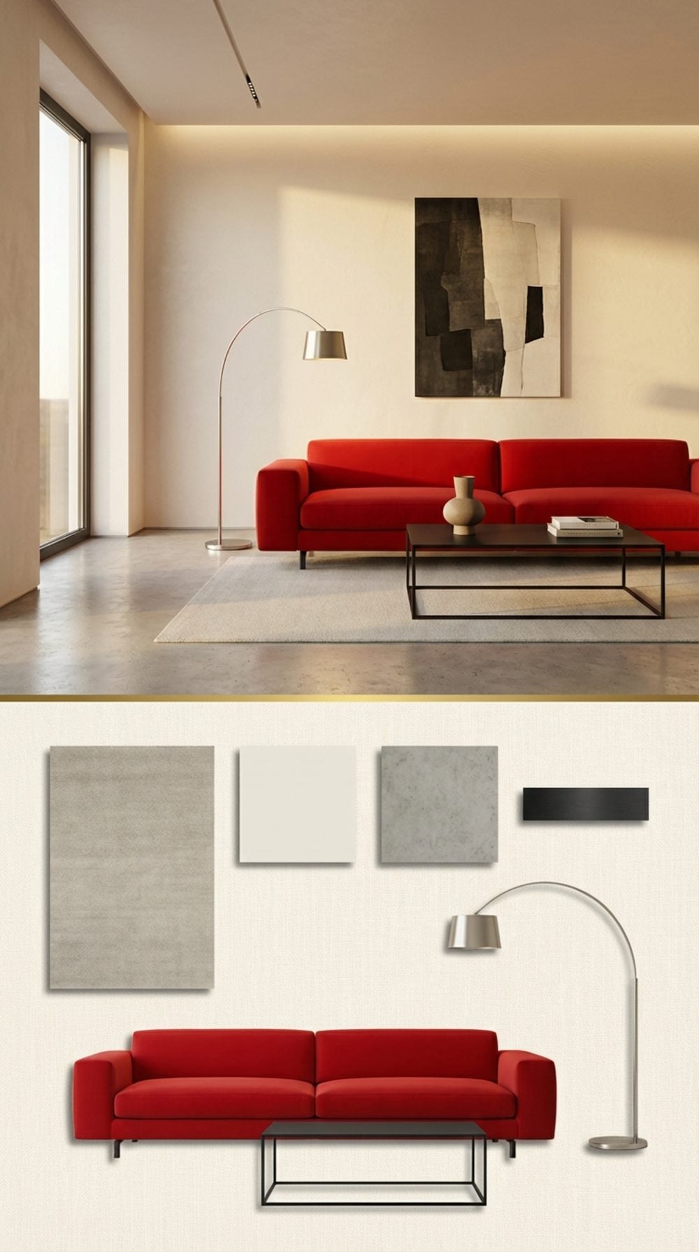 Modern Minimalist Living Room with a Lacquer-Red Sofa and Poured Concrete