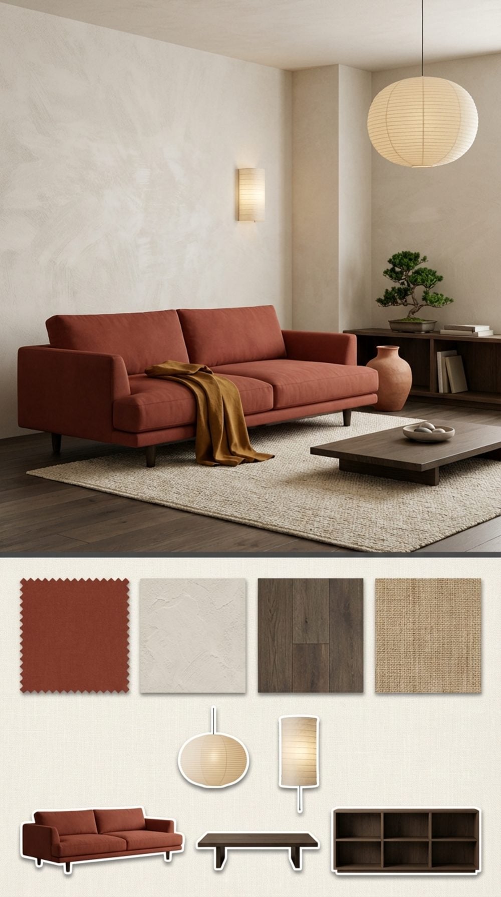 Japandi Refined Living Room with a Terracotta Red Sofa, Washi Walls, and Dark Oak