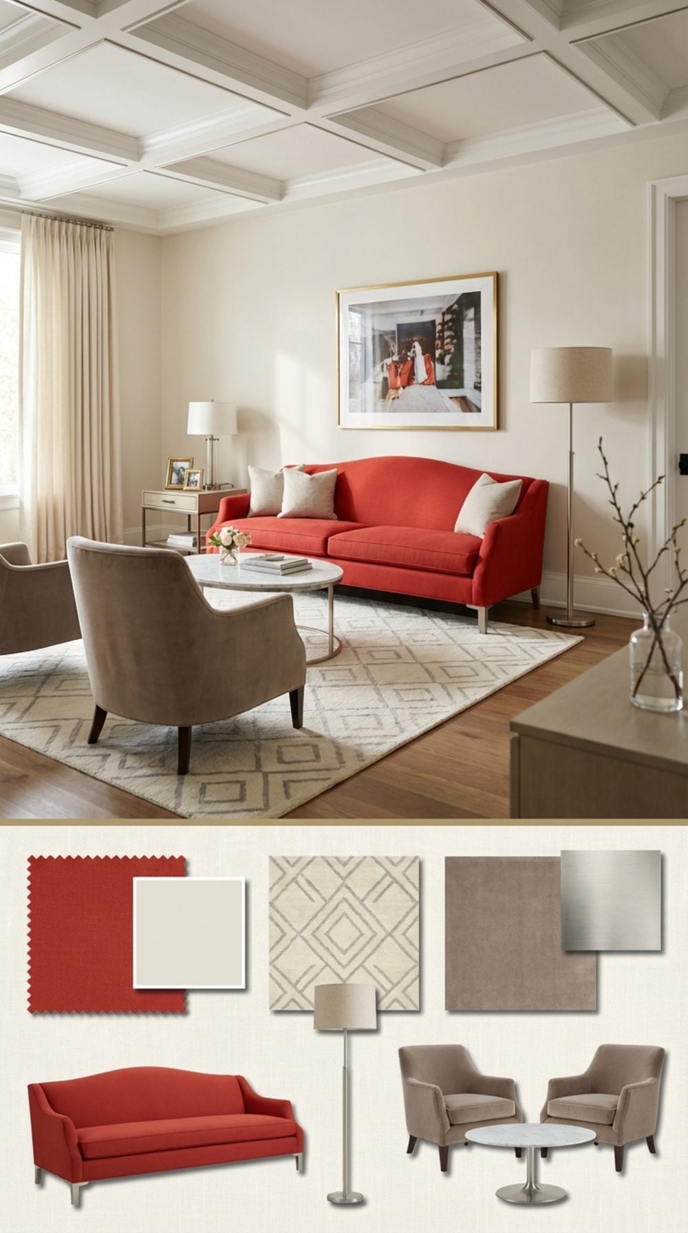 Transitional Elegance Living Room with a Tomato Red Sofa, Linen Walls, and Mixed Metals