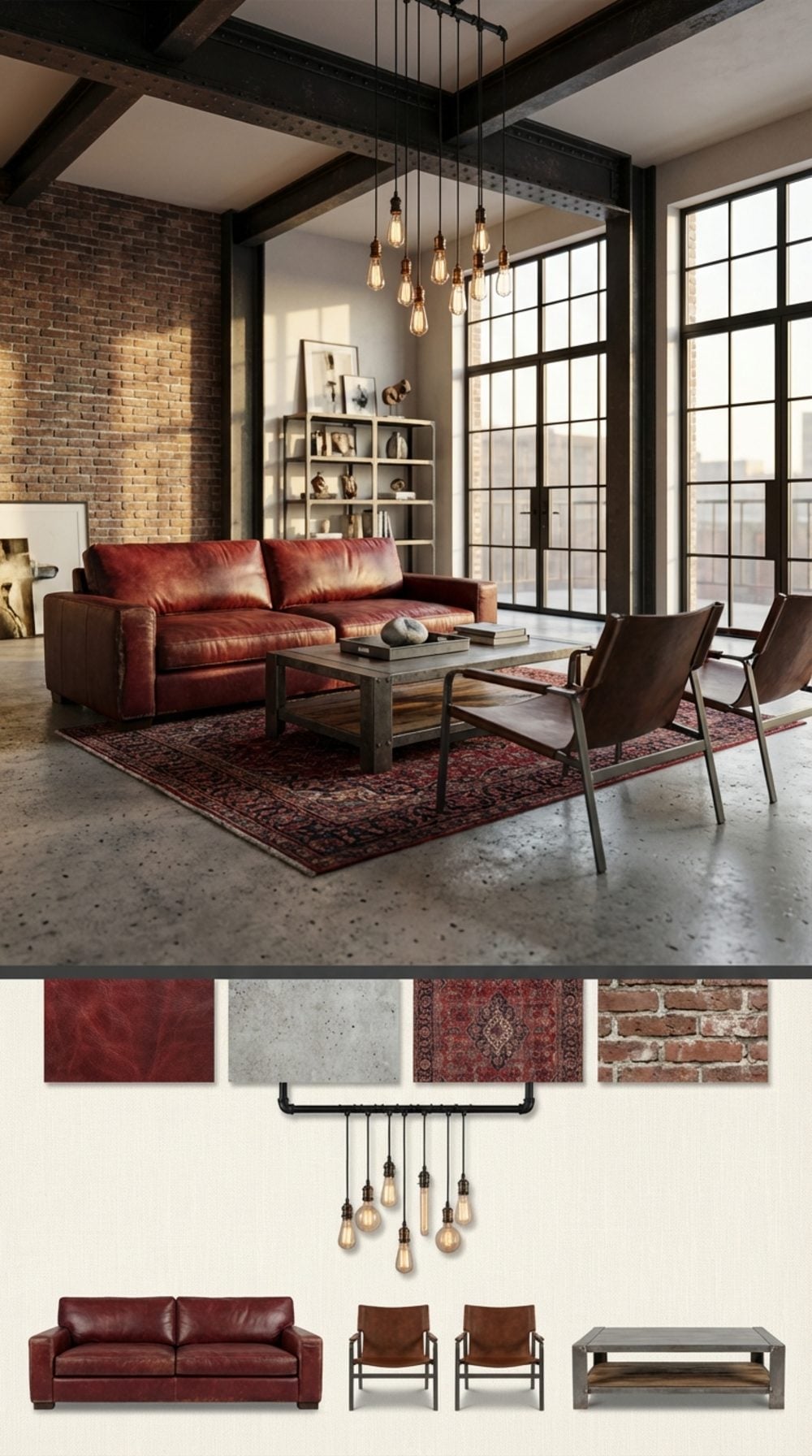 Industrial Loft Luxe Living Room with a Deep Red Sofa, Raw Steel, and Exposed Concrete