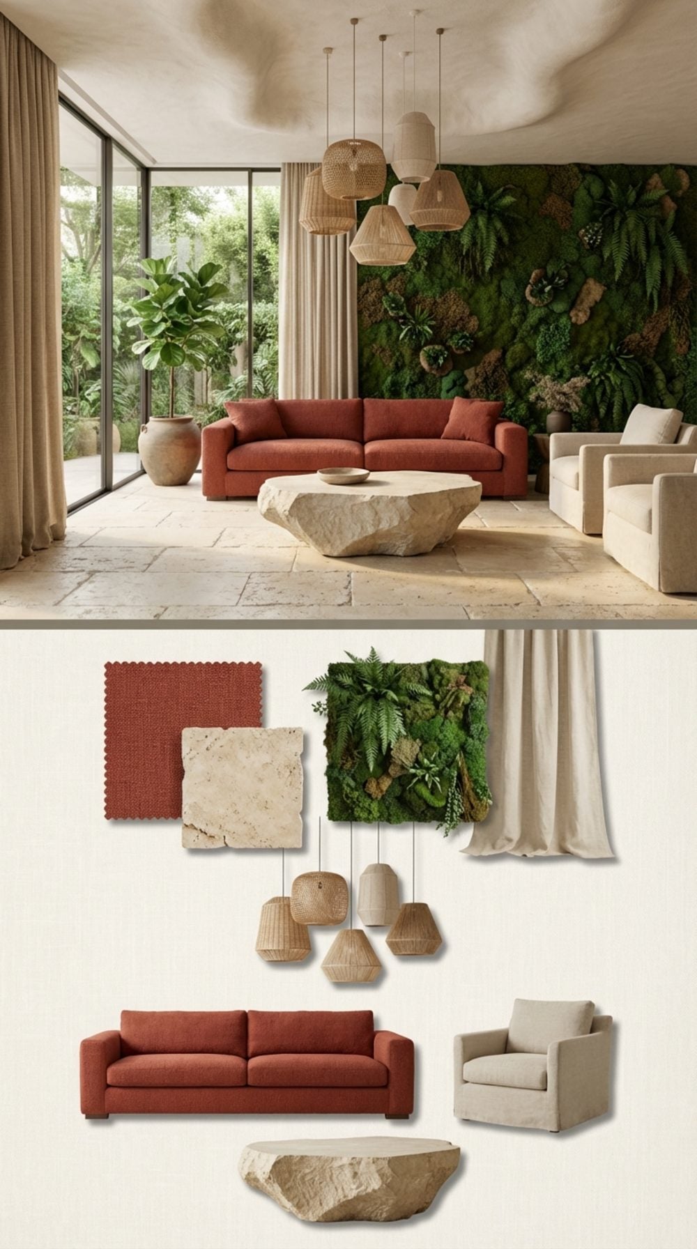 Biophilic Luxury Living Room with a Terra Cotta Red Sofa, Living Walls, and Natural Stone