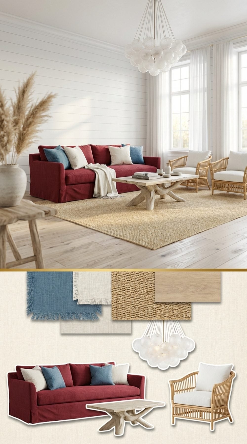 Coastal Grand Living Room with a Crimson Sofa and Bleached Oak Bones