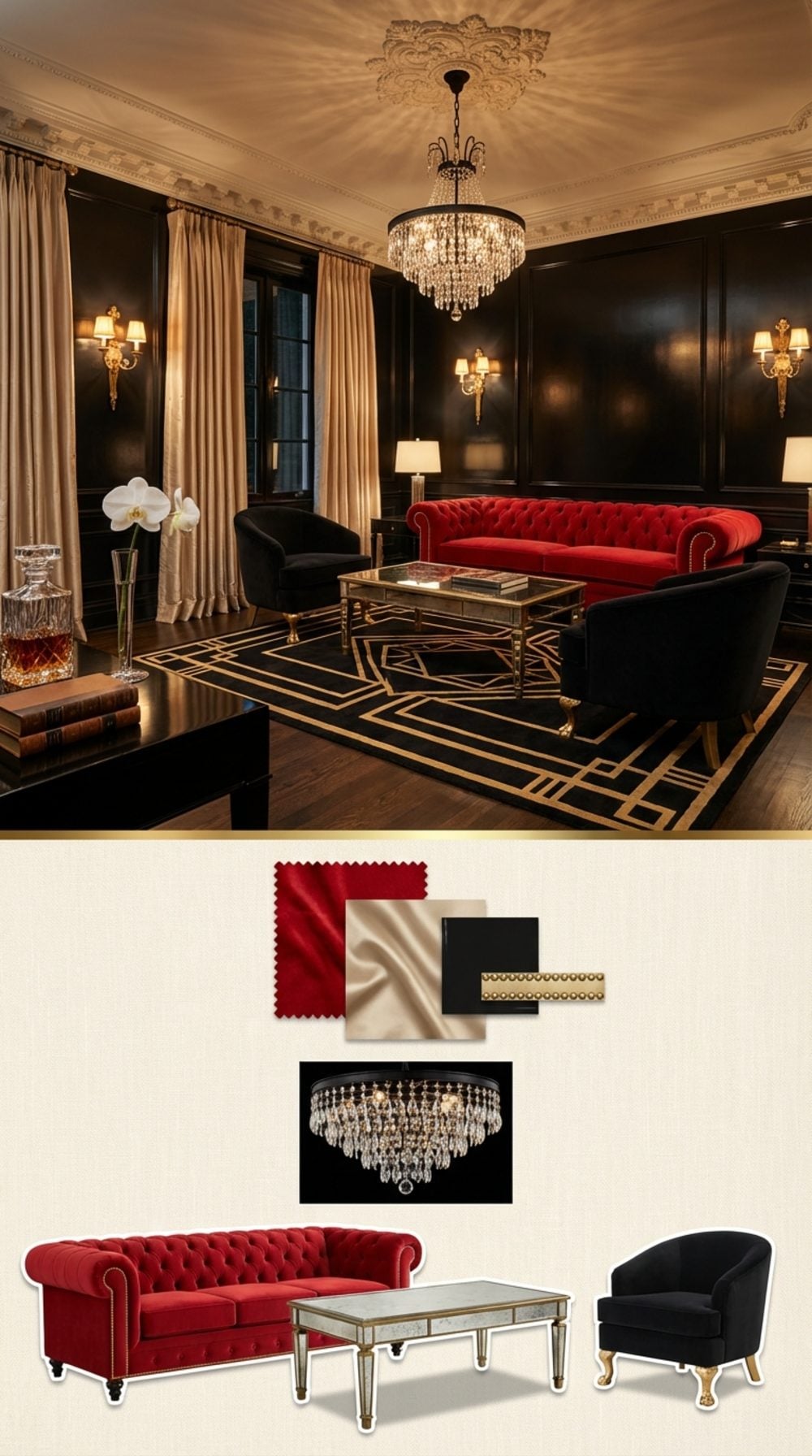 Old Hollywood Living Room with a Scarlet Velvet Sofa and Black Lacquer Drama