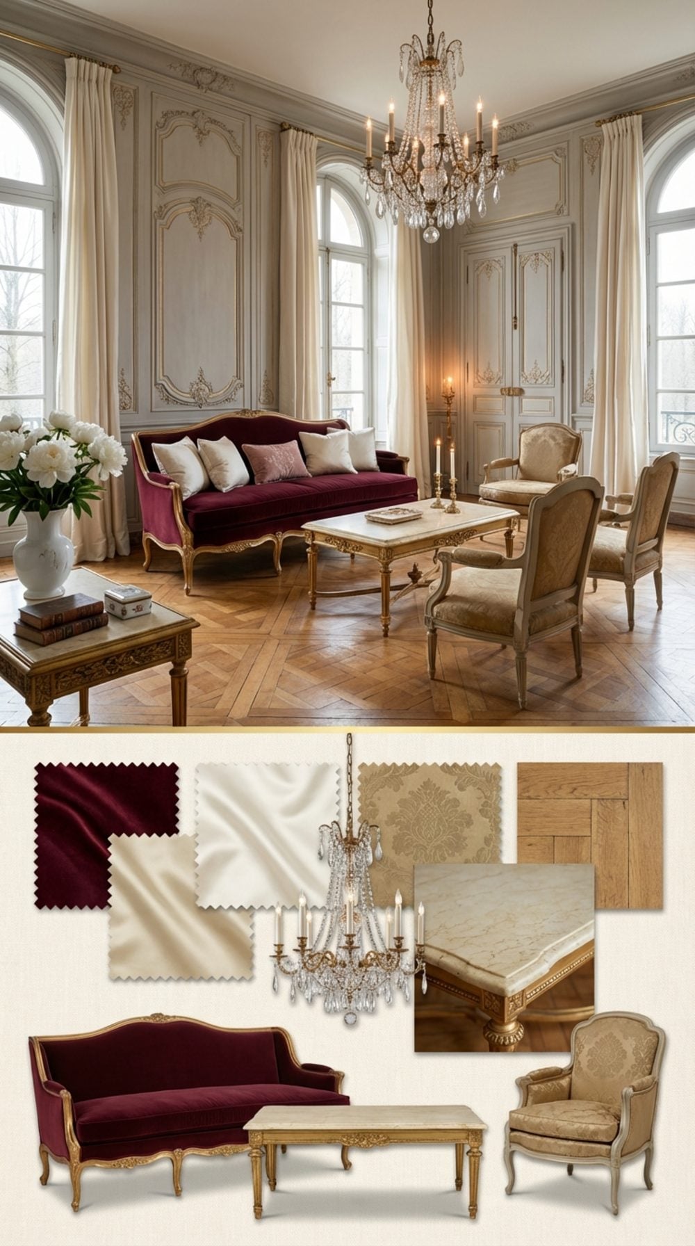 French Chateau Living Room with a Garnet Sofa and Hand-Painted Boiserie