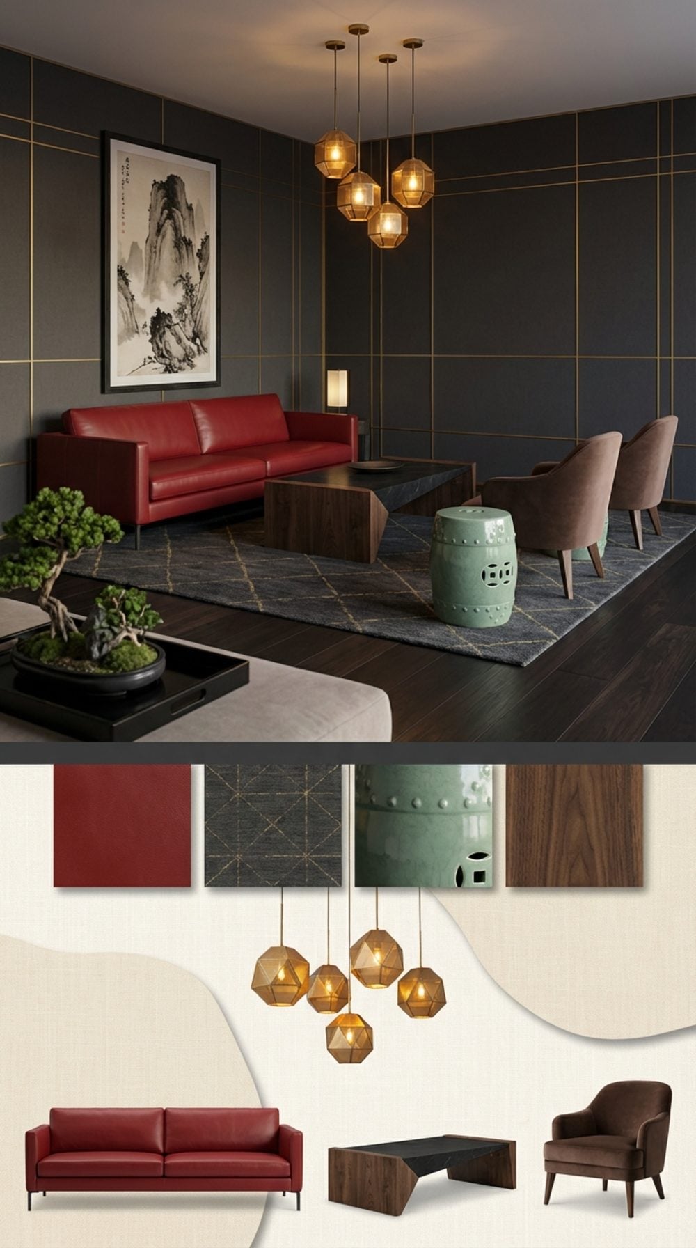 Asian Fusion Luxe Living Room with a Lacquer-Red Sofa and Dark Walnut Sculpture
