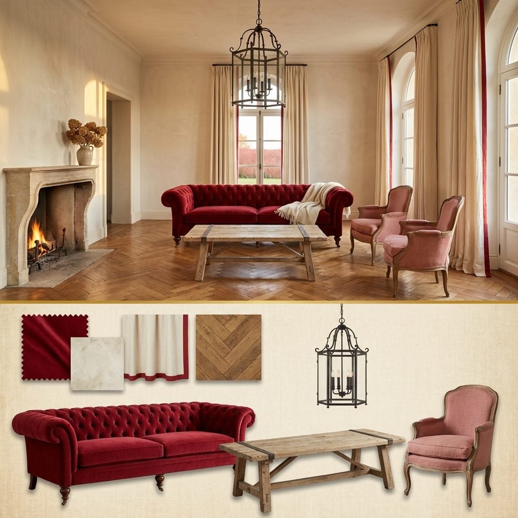 French Country Glam Living Room with a Ruby Sofa and Toile de Jouy Walls