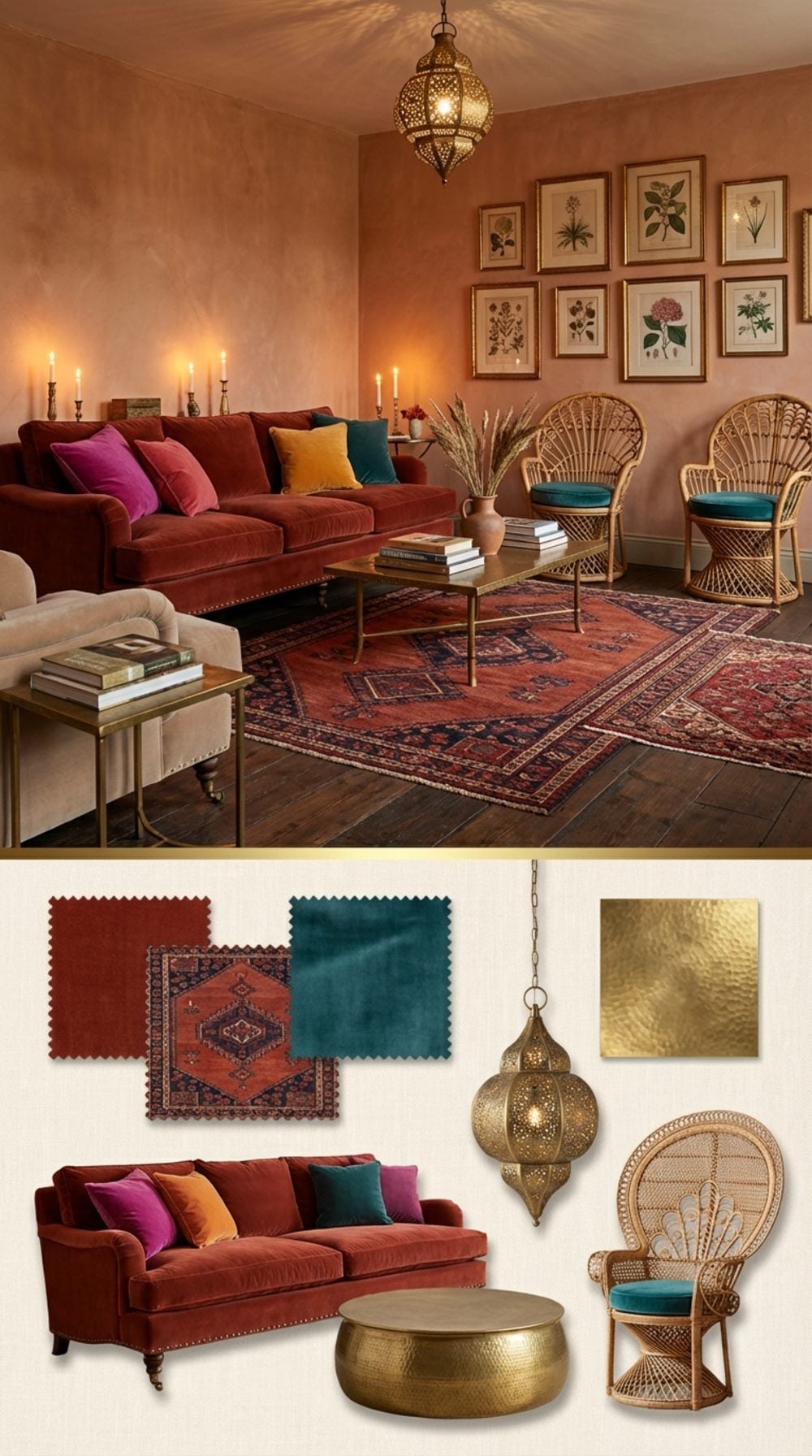Bohemian Luxe Living Room with a Burnt-Red Sofa and Layered Kilim Grandeur