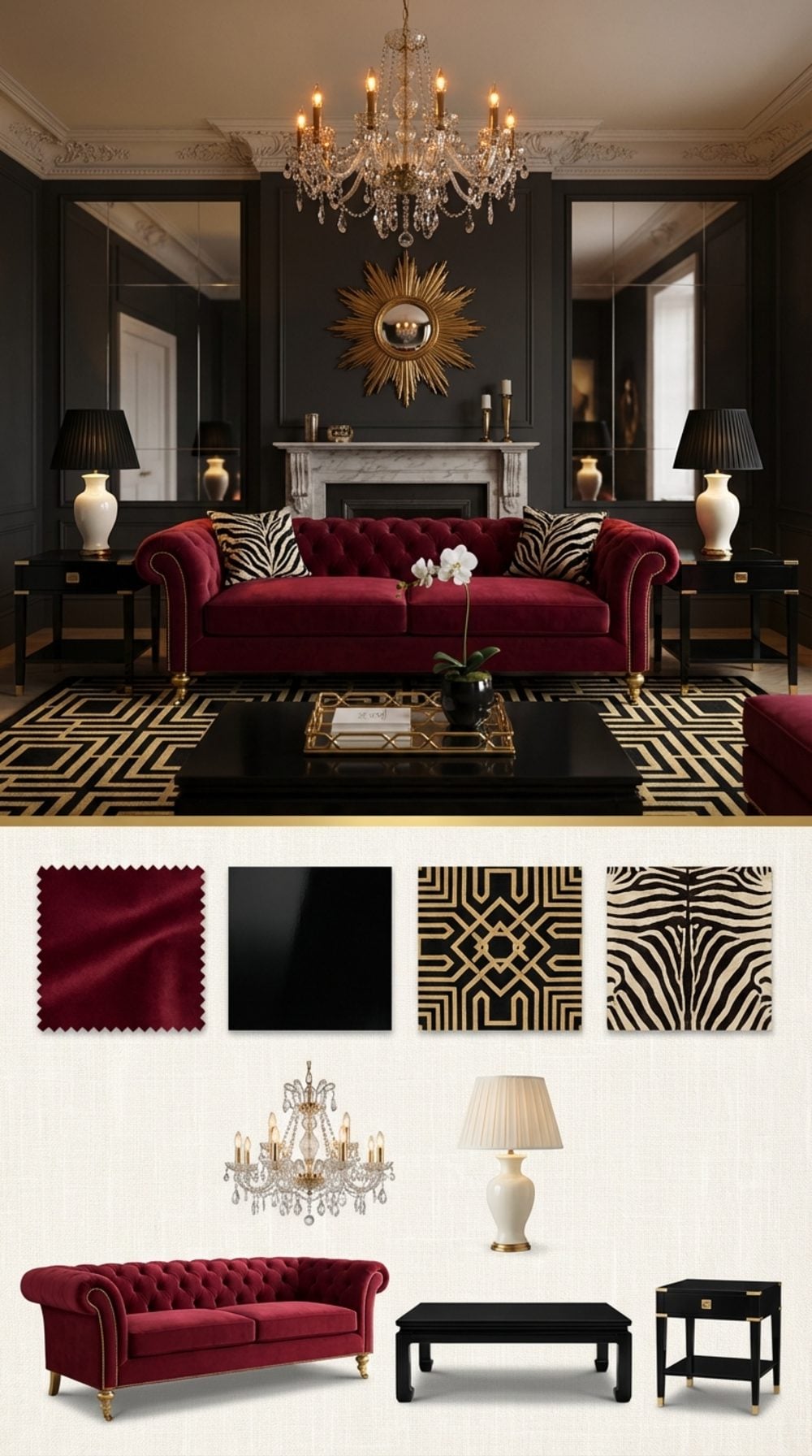 Hollywood Regency Living Room in Crimson Velvet, Mirrored Gold, and Black Lacquer