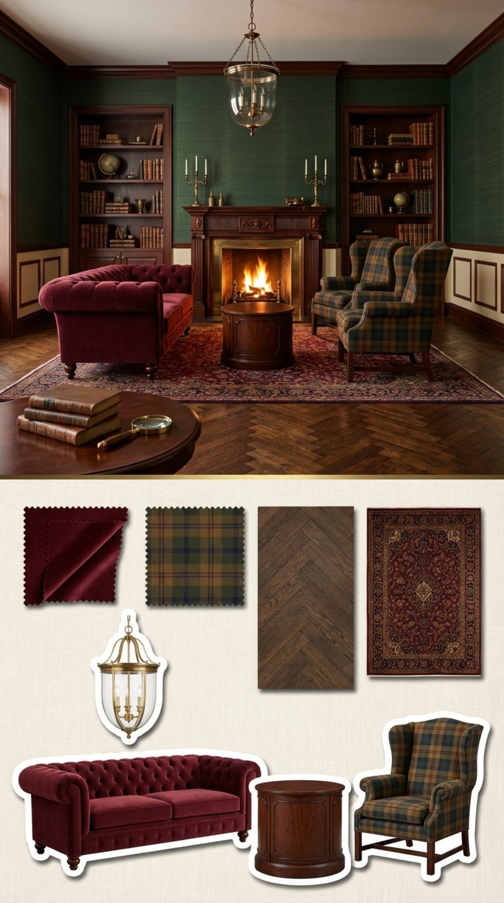 Georgian Revival Living Room with a Claret Sofa and Mahogany Library Gravitas