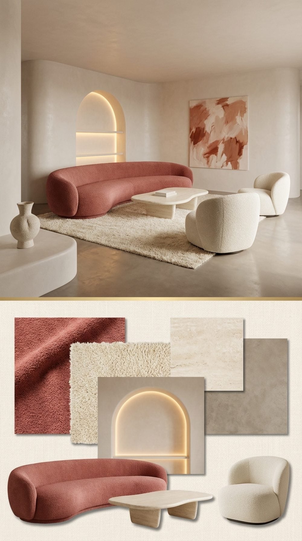 Soft Sculptural Living Room with a Blush-Red Boucle Sofa and Organic Form Architecture