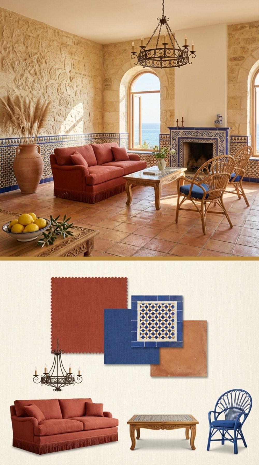 Mediterranean Villa Living Room with a Terracotta-Red Sofa and Arched Stone Grandeur