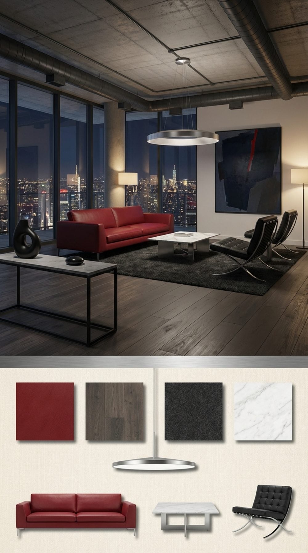 Urban Penthouse Living Room with a Cherry-Red Sofa and Floor-to-Ceiling Glass Drama