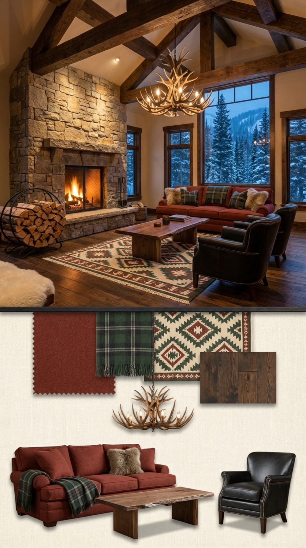 Alpine Lodge Luxe Living Room with a Brick-Red Sofa and Dark Timber Warmth