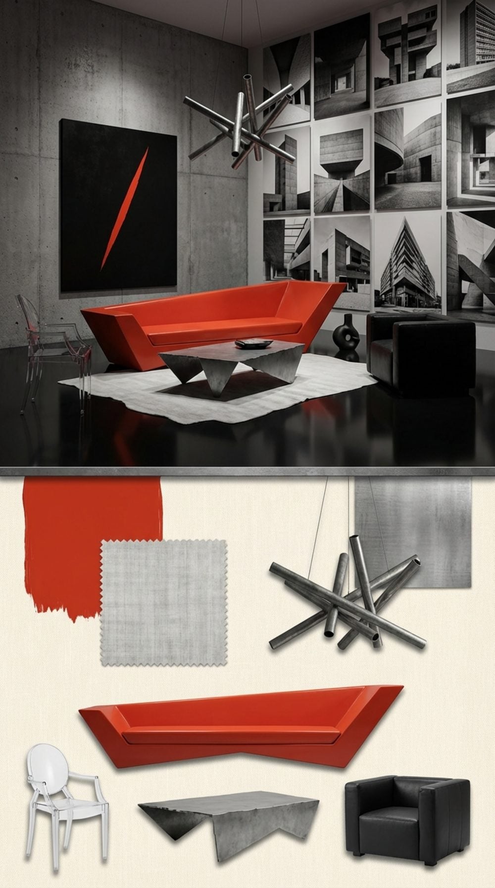 Avant-Garde Statement Living Room with a Vermilion Sofa and Deconstructed Luxury
