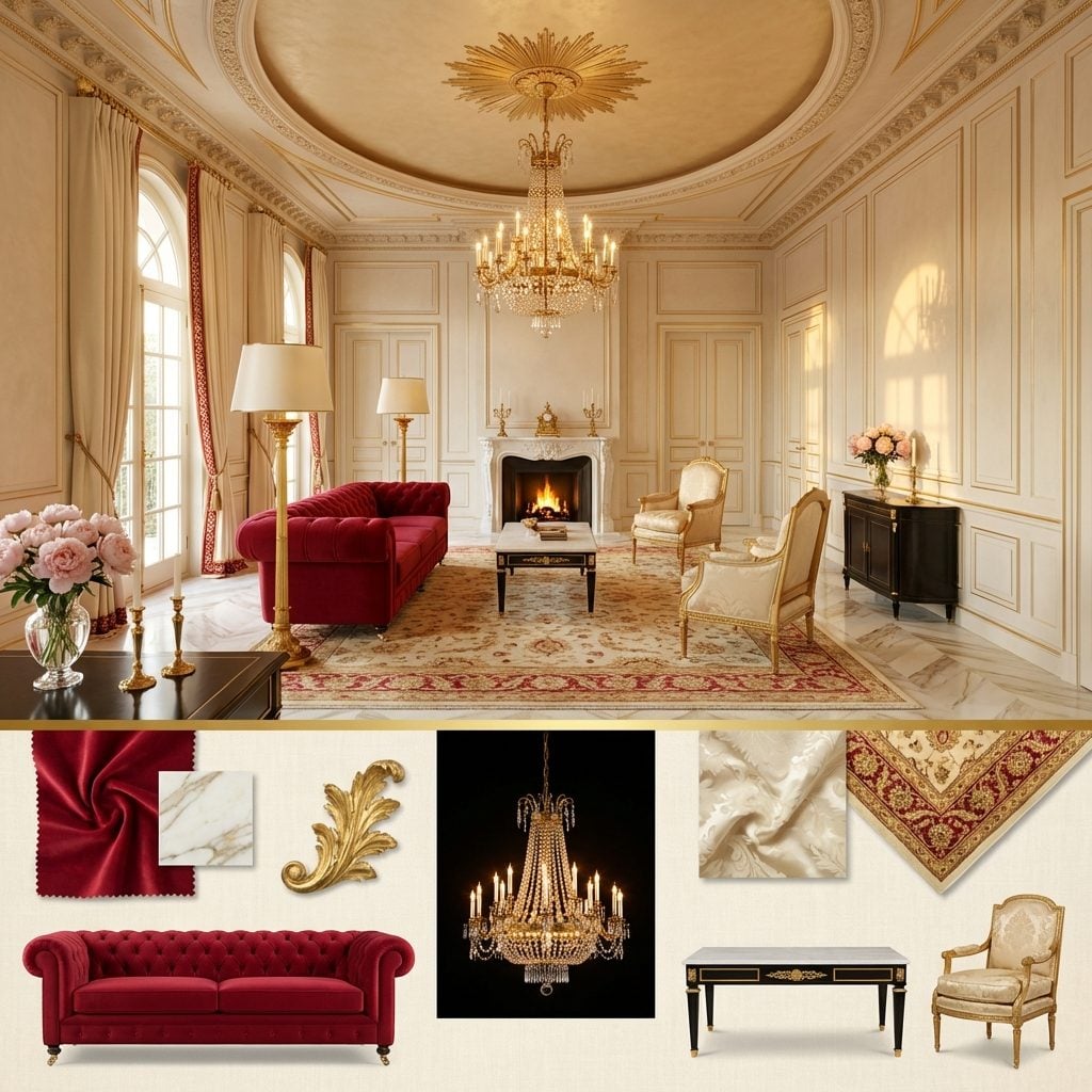 Neo-Classical Revival Living Room with a Crimson Chesterfield and Gilded Plasterwork