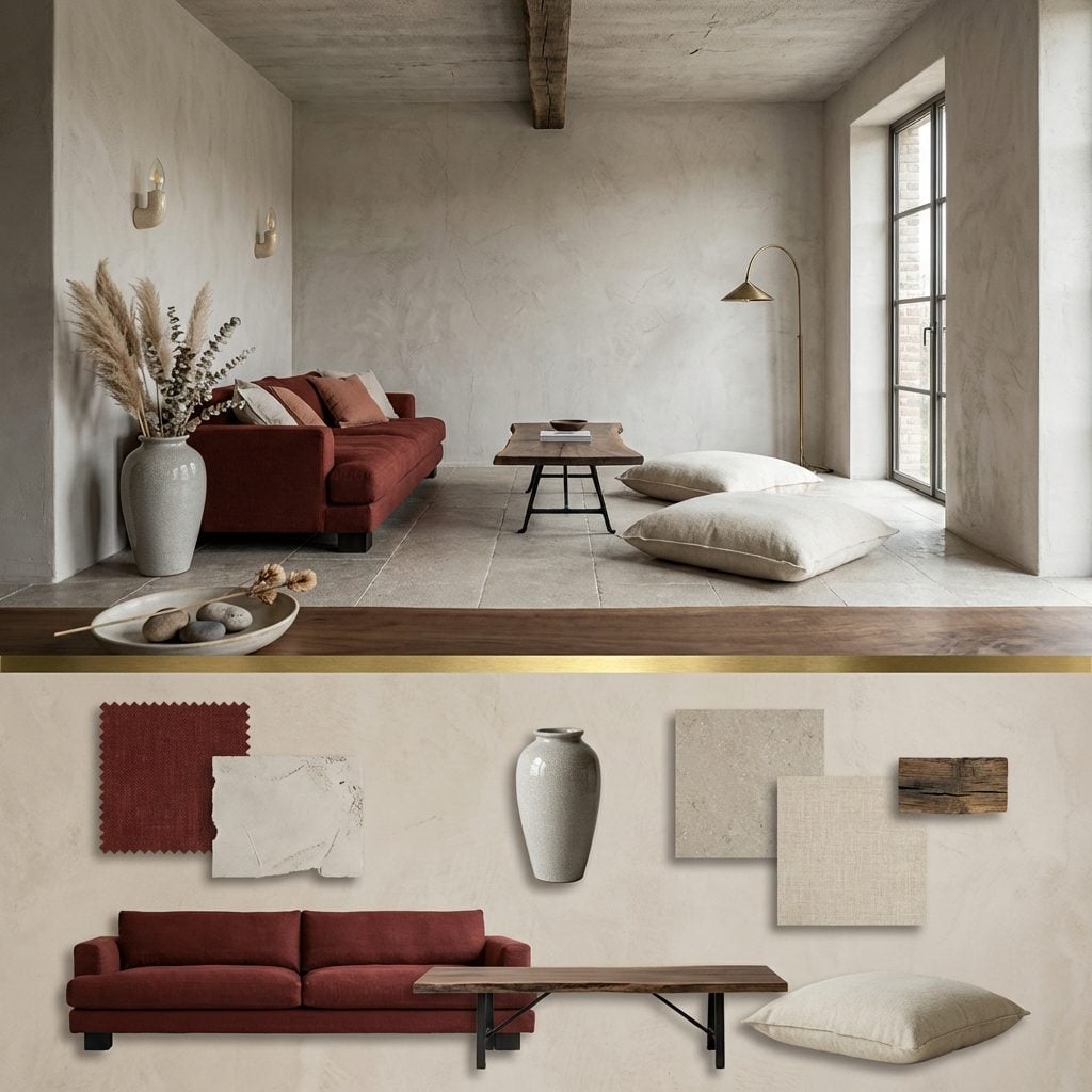 Wabi-Sabi Luxe Living Room with a Deep Red Linen Sofa and Raw Plaster Walls