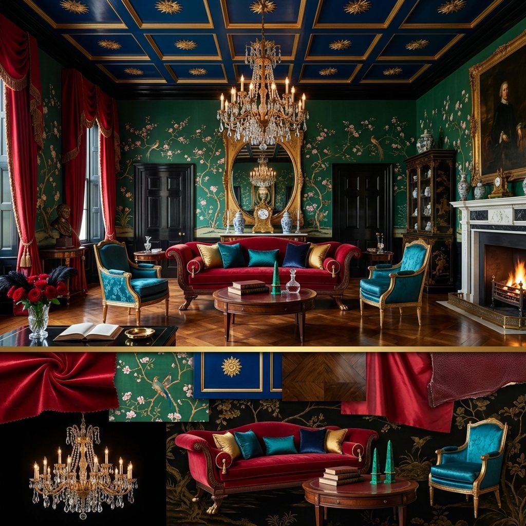 Regency Maximalist Living Room with a Cardinal Red Velvet Sofa and Lacquered Jungle Wallpaper