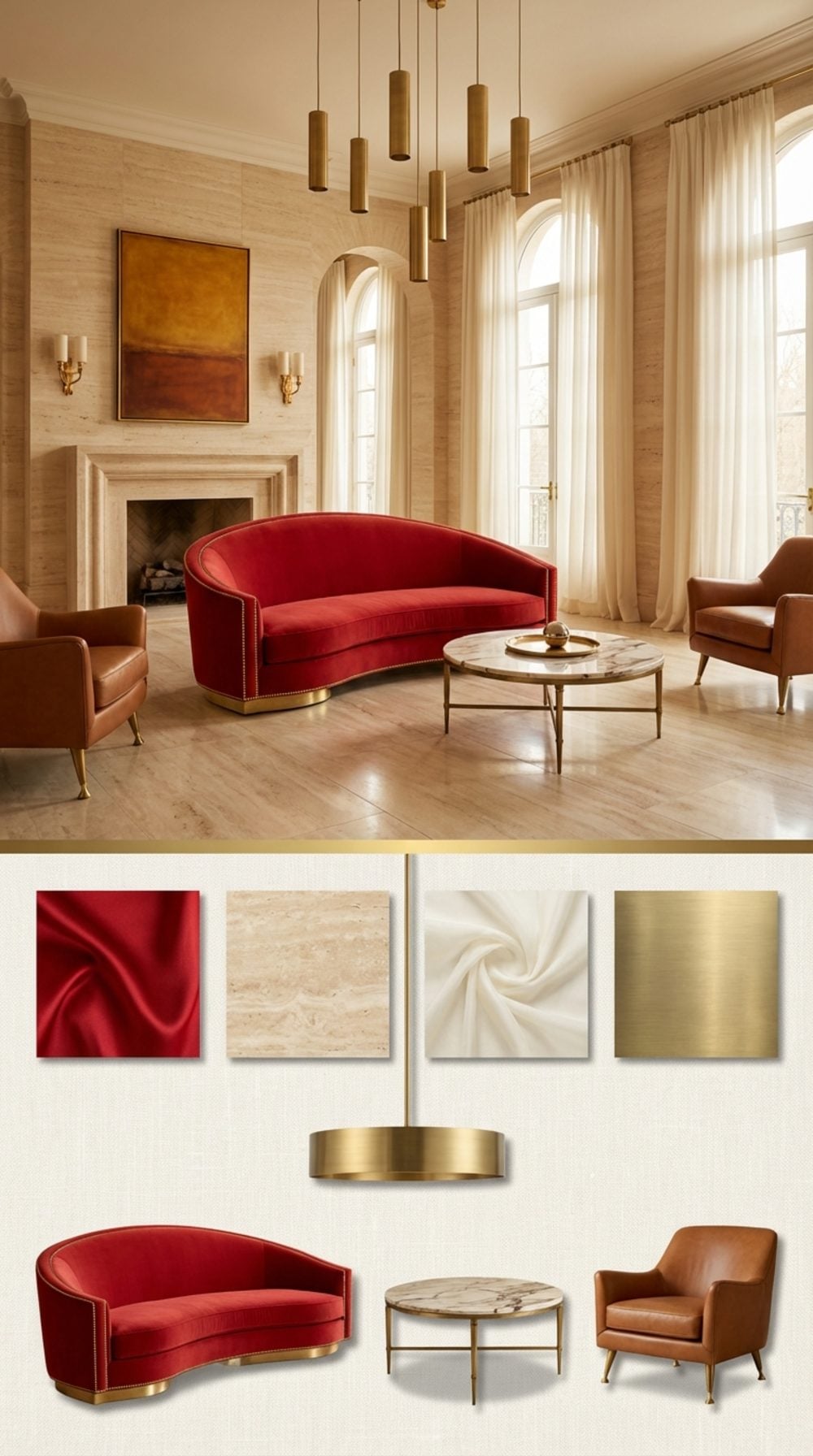 Italian Glam Living Room with a Scarlet Silk Sofa, Travertine, and Brass Fittings