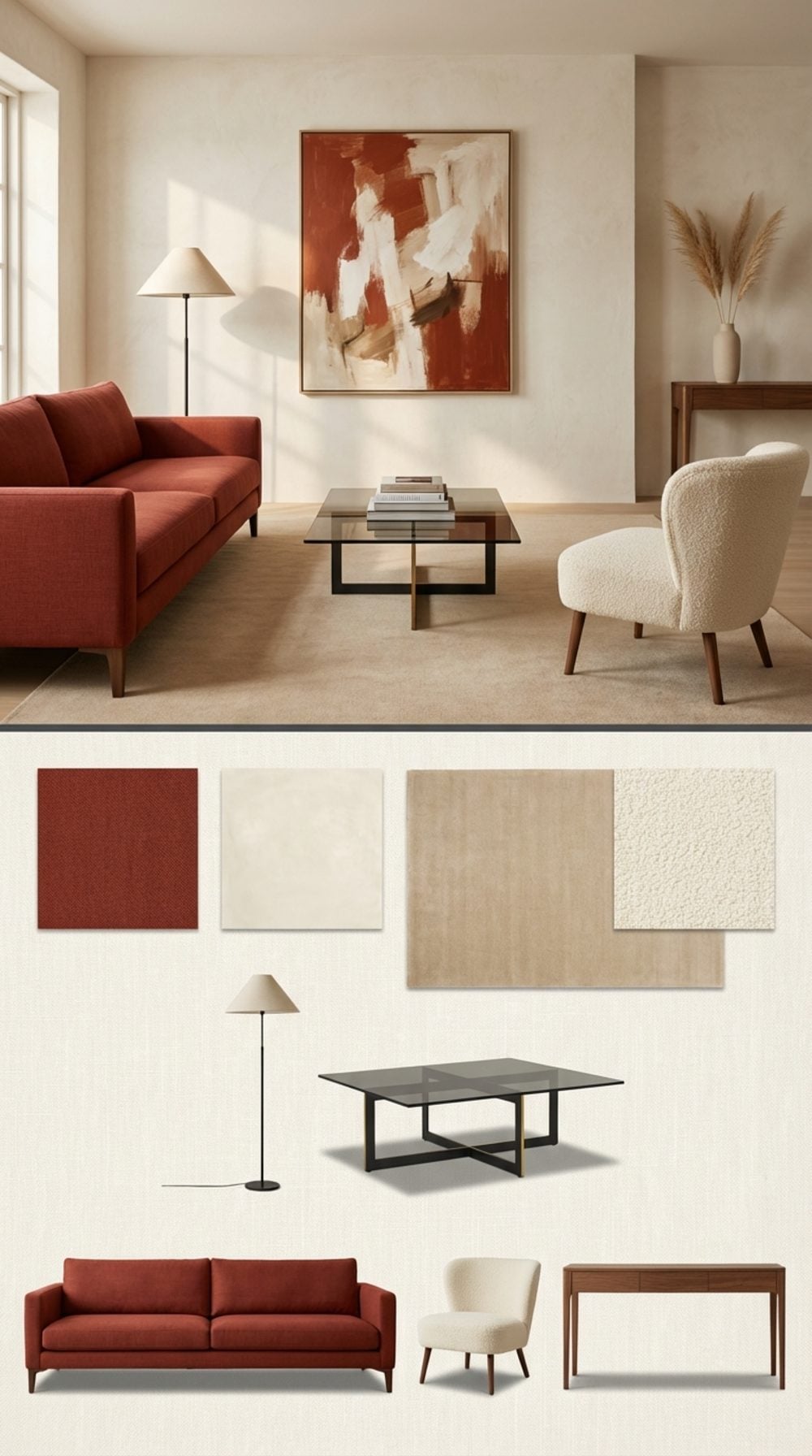 Contemporary Chic Living Room with a Burnt Red Sofa, Ivory Bouclé, and Smoked Glass